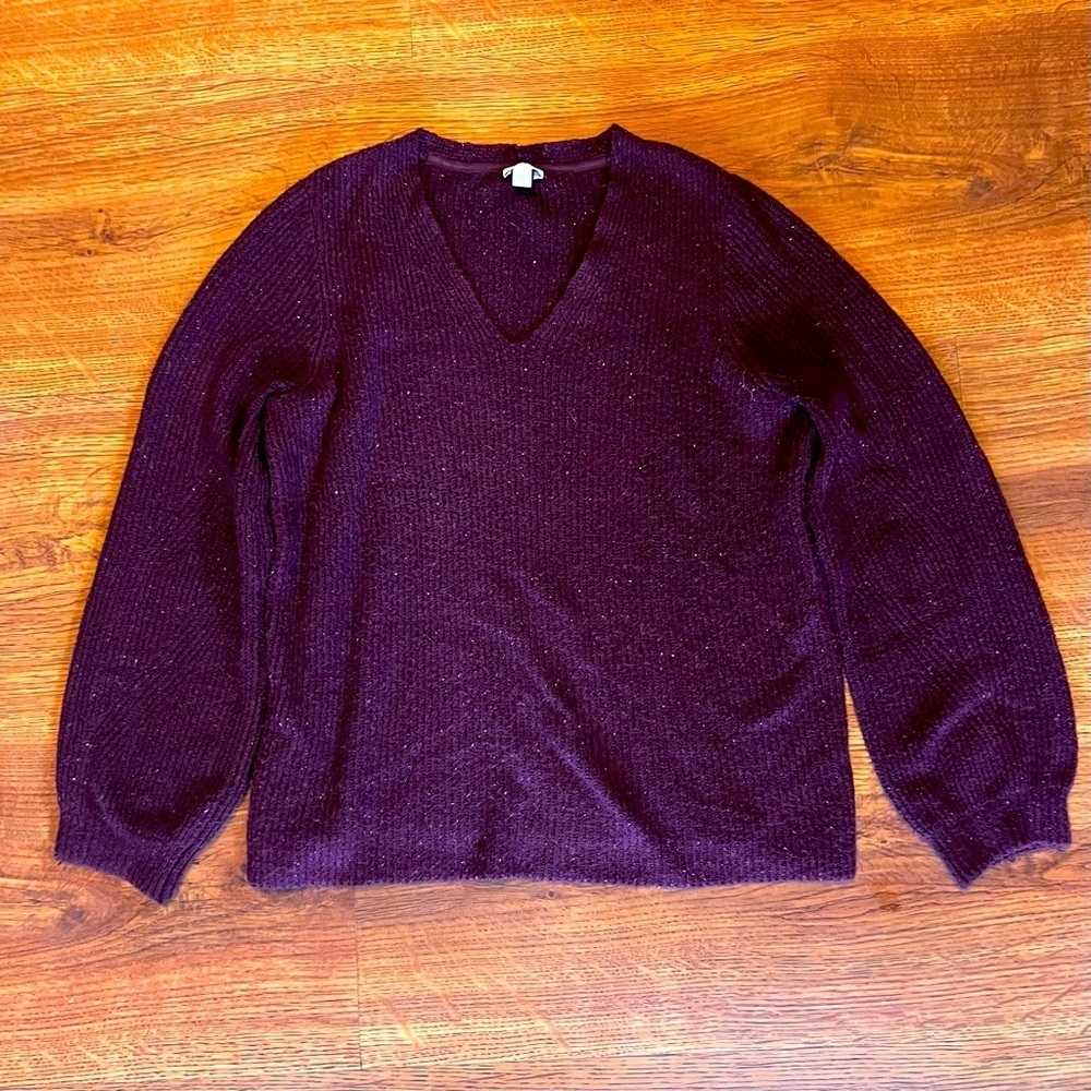 J. Jill Plum Purple Ribbed V-Neck Flecked Knit Sweater Women's M Eggplant Cozy